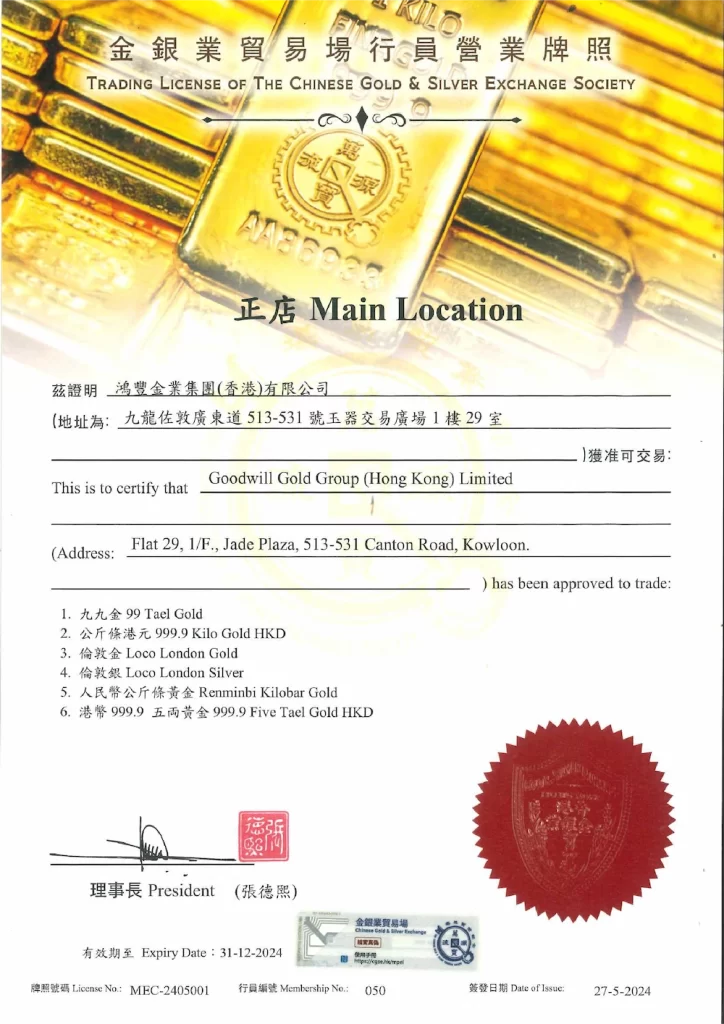 GWgold金銀業貿易場營業執照